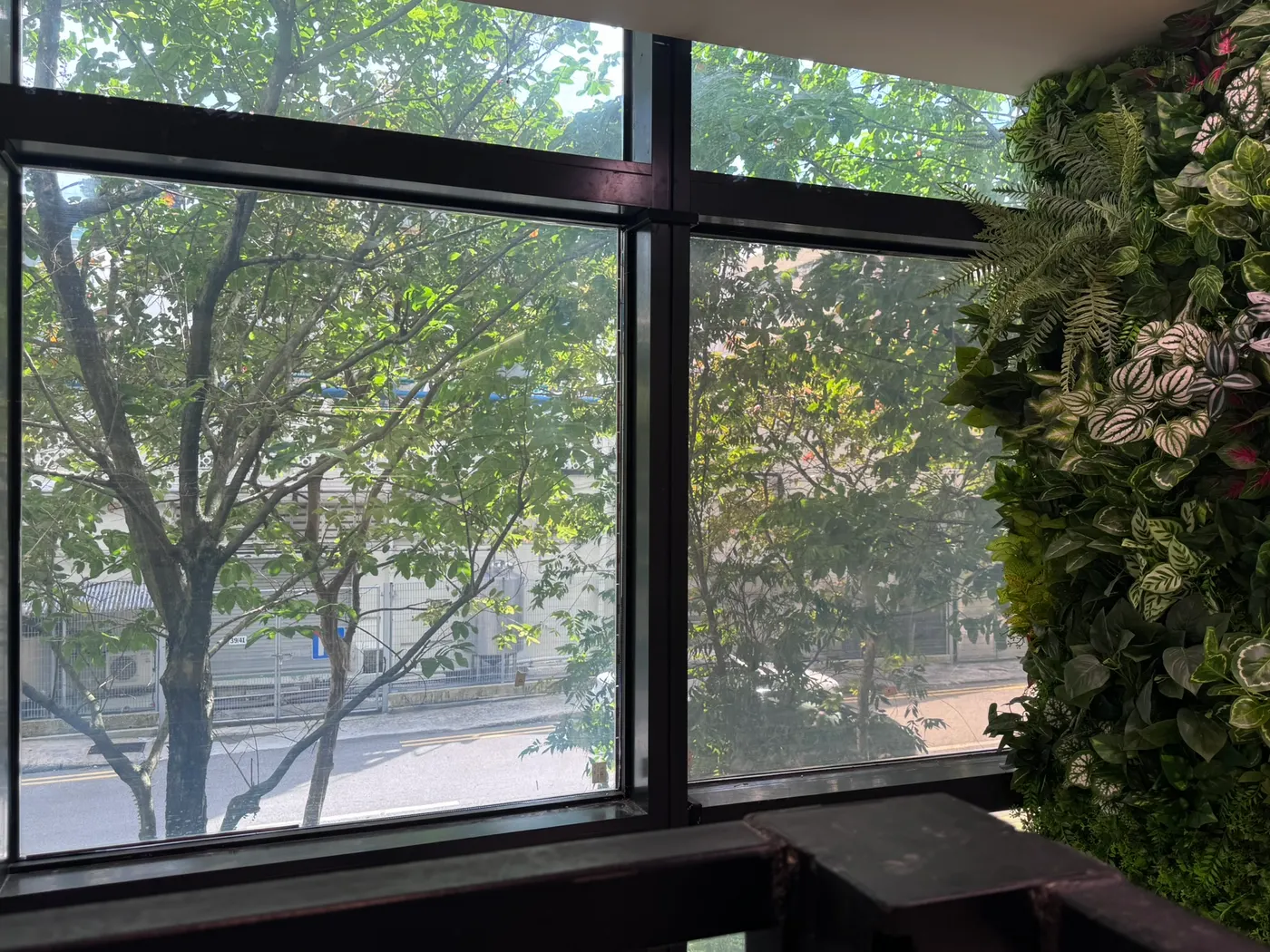 The showroom window with the Smart Film powered on and clear, the street visible through both panes