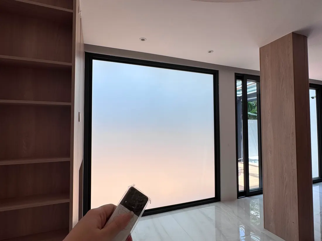The same view with the glass wall switched frosted